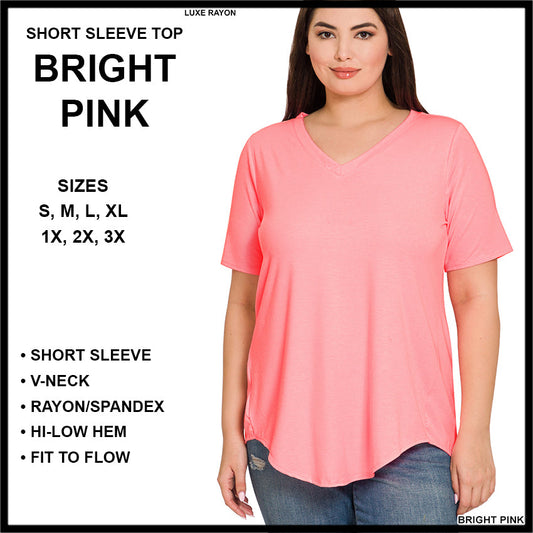 RTS - Short Sleeve V-Neck Top - Bright Pink